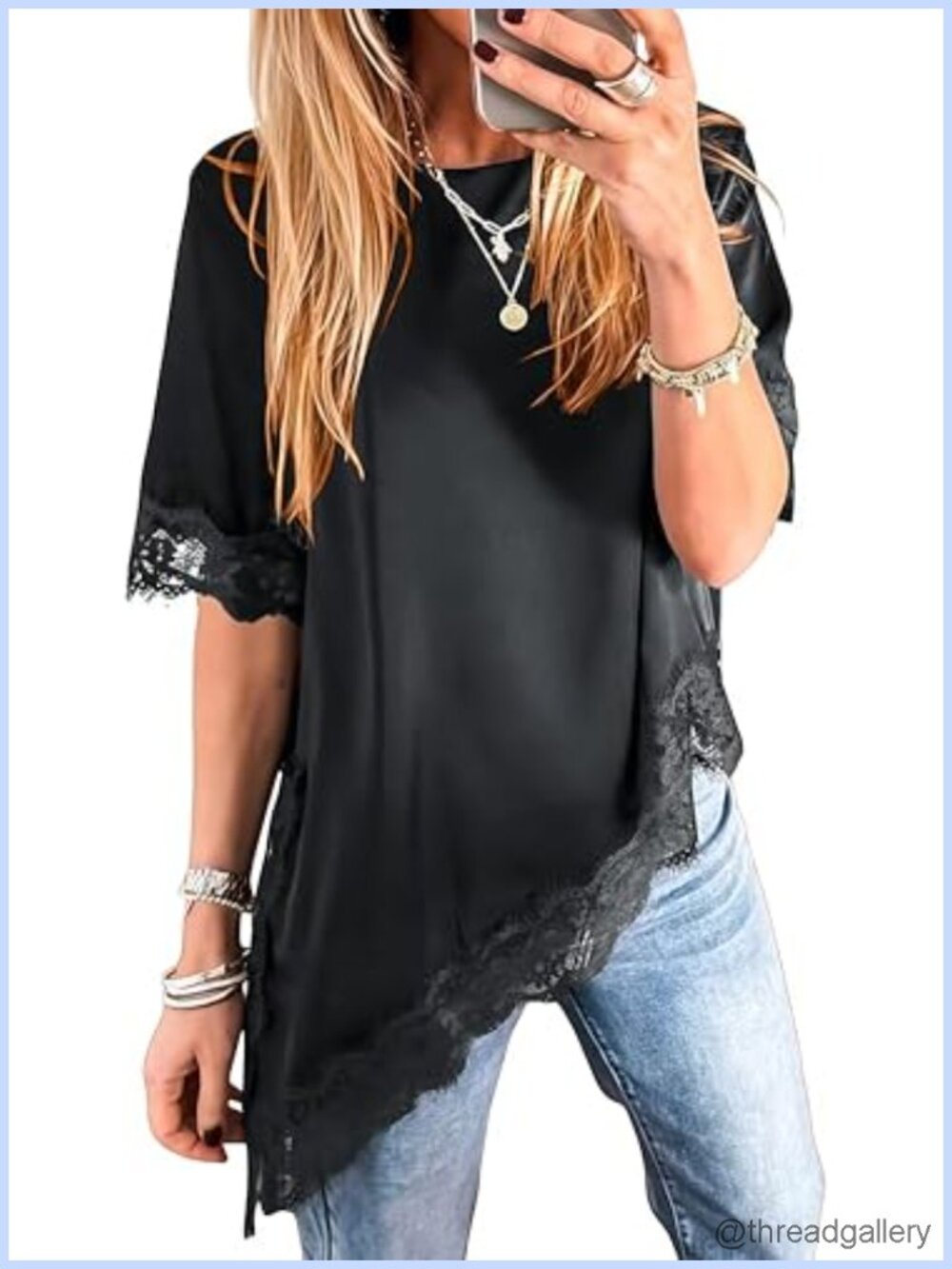 Asymmetrical Satin Lace Top Crewneck Oversized Short Sleeve Y2K